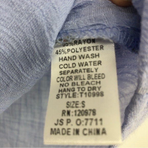 Entro Blue Floral Embroidered Cross Front Ruffle Sleeve Lightweight Blouse - Picture 6 of 6